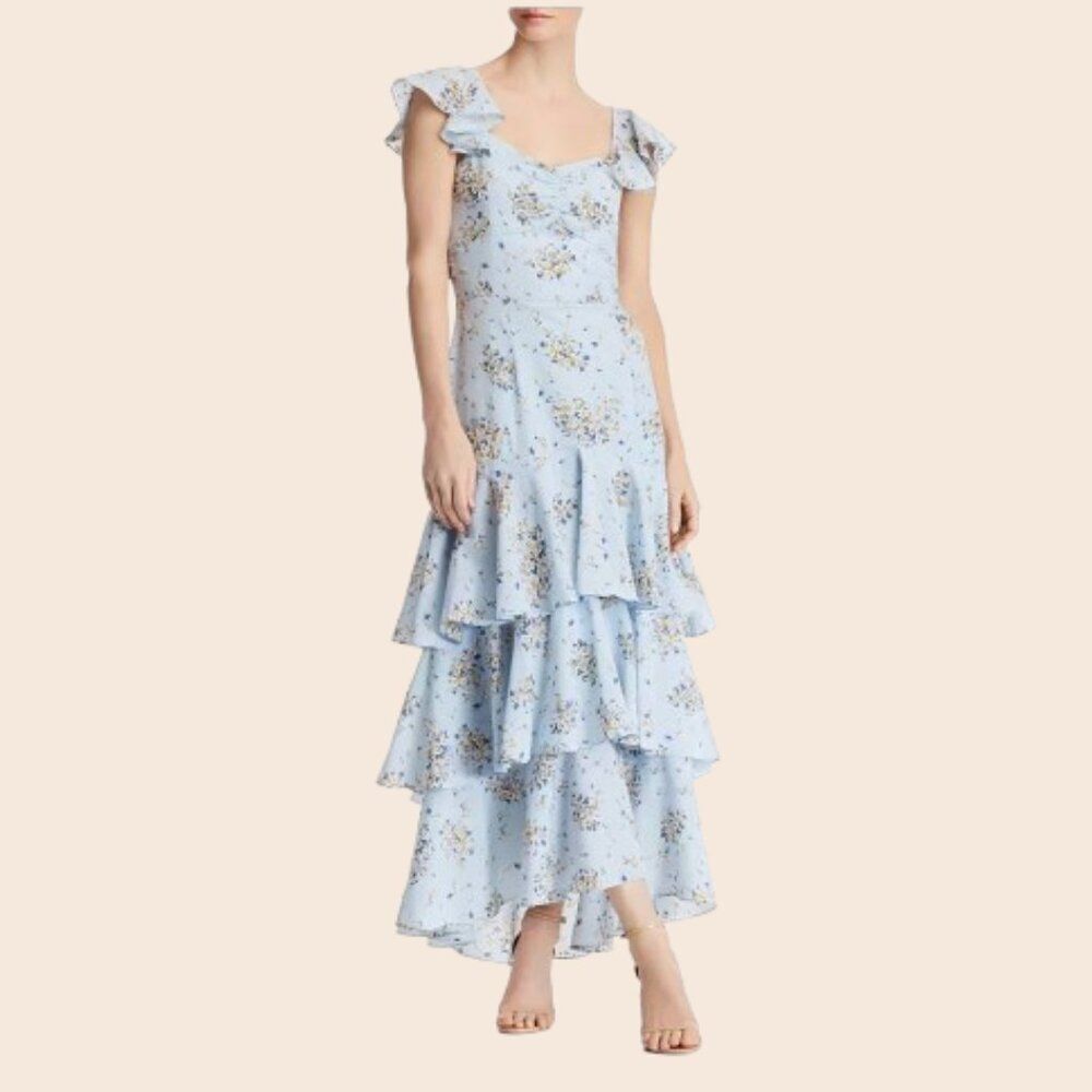 Aqua Light Blue Floral-Print Tiered Maxi Dress Size Large
